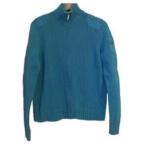 Lauren Ralph Lauren Sweater Mock Neck Cable Blue Zip Boat Nautical Preppy M